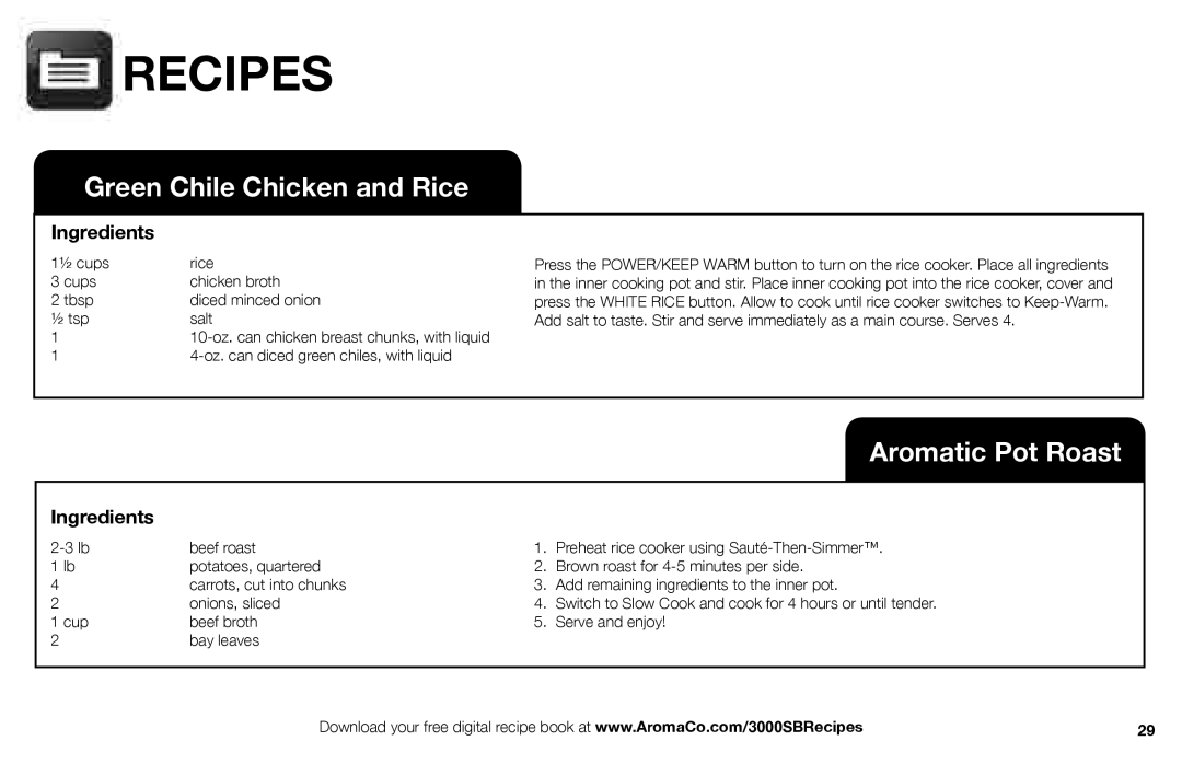 Aroma ARC-3000SB instruction manual Green Chile Chicken and Rice 